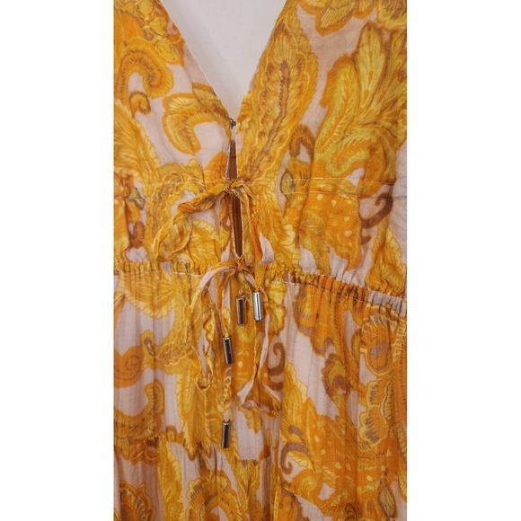 MINKPINK Blaise Sun Dress Golden Paisley Tiered Maxi Dress Lace Up V Neck Small - Picture 3 of 8